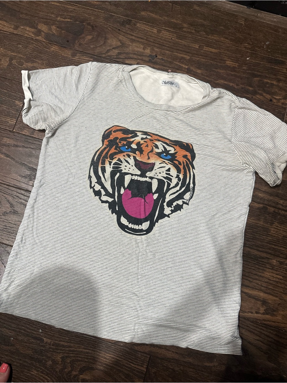 Lauren Moshi Striped Tee with Roaring Tiger Graphic - Pink, Orange, Black